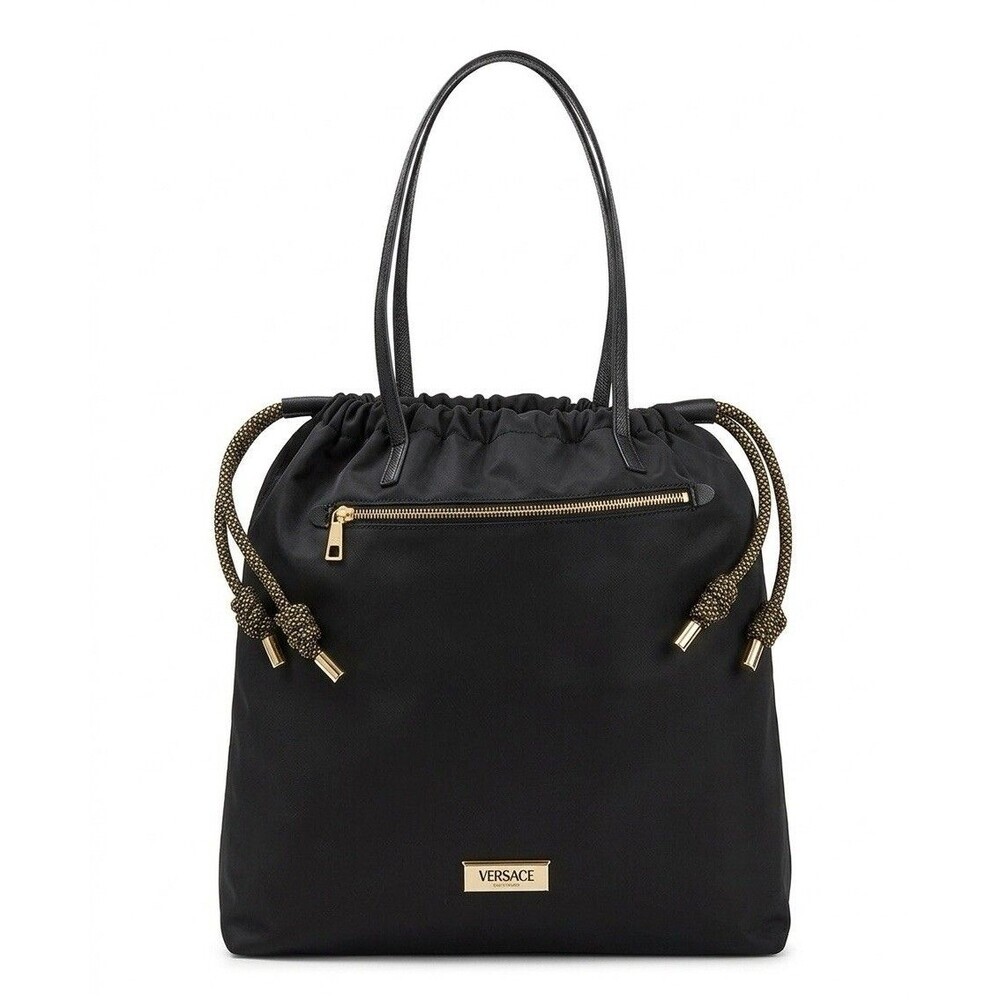 Limited Edition Versace Black Nylon Drawstring Tote Bag – Signature Gold